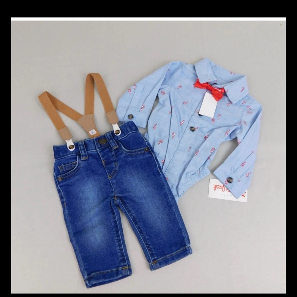 Cat & Jack Baby Christmas Candy Cane 3pc Bodysuit Suspender Set 12 Months